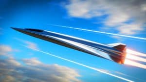Illustration of a solid-fuel ramjet-powered hypersonic vehicle in flight testing.