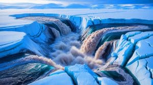 Illustration of a massive subglacial flood beneath Greenland's ice sheet.