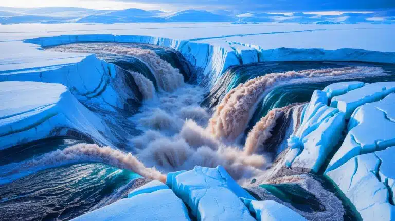 “Holy Crap Ice Sheet Just Exploded”: Greenland Flood Releases 23 Billion Gallons While Climate Scientists Watch Hidden Lake Destroy Everything Illustration of a massive subglacial flood beneath Greenland's ice sheet.