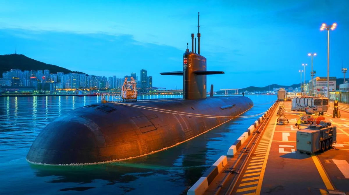 Illustration of a U.S. nuclear submarine docking in South Korea's port of Busan amid heightened tensions with North Korea.