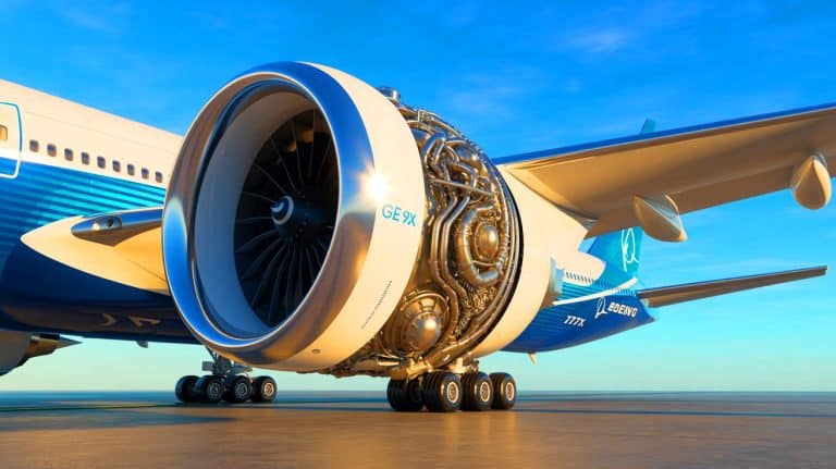 “GE Just Built Monster Jet Engine”: 11-Foot Diameter GE9X Powers Boeing 777X While 10% Fuel Efficiency Crushes Airbus Competition Forever Illustration of the GE9X engine powering the Boeing 777X aircraft.