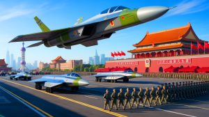 “China Unveils Nuclear Triad For First Time”: Military Parade Reveals Hypersonic Missiles That Fly At Mach 10 While New Stealth Fighters Target Distant Enemies Illustration of China's largest military parade showcasing advanced weaponry and technology.
