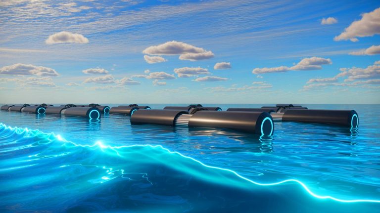 Illustration of advanced triboelectric nanogenerators converting ocean wave energy into electricity.