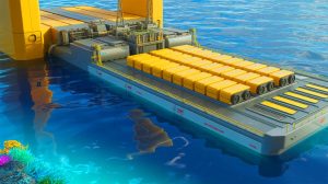 Illustration of the integration of military-grade SeaPower batteries into commercial offshore energy systems.