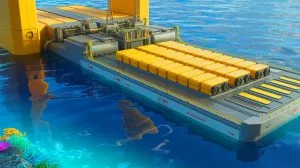 Illustration of the integration of military-grade SeaPower batteries into commercial offshore energy systems.