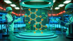 Illustration of a molecule designed for artificial photosynthesis, capable of storing multiple charges for energy conversion.