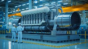 Illustration of engineers posing in front of the world's first commercial ammonia-powered ship engine at Japan Engine Corporation's factory.