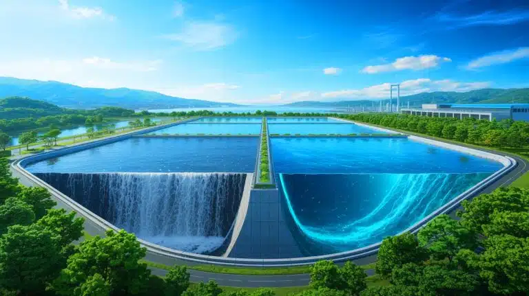 Illustration of Japan's first osmotic power plant in Fukuoka generating renewable energy.