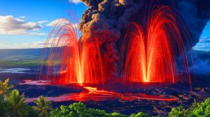 Illustration of a dramatic eruption at Kilauea volcano with lava fountains soaring into the Hawaiian sky.