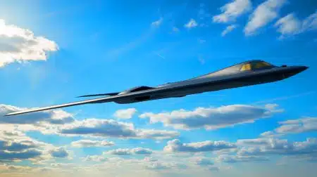 Illustration of the U.S. Air Force's second B-21 Raider stealth bomber during its maiden flight.