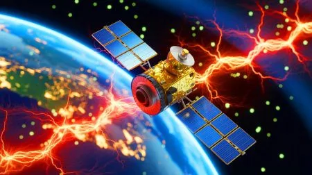 Illustration of sudden satellite failures caused by electrical discharges from electron accumulation.