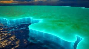 Illustration of NASA satellite capturing bioluminescent phytoplankton bloom off Australia's coast.