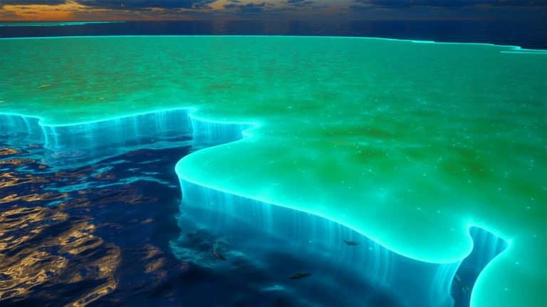 “NASA Discovers Ocean Glowing From Space”: Scientists Reveal Turquoise Waters Attracting 80 Blue Whales Mysteriously Illustration of NASA satellite capturing bioluminescent phytoplankton bloom off Australia's coast.