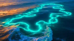 Illustration of a bioluminescent phytoplankton bloom off the southern coast of Australia, captured by NASA satellites.