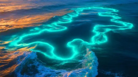 Illustration of a bioluminescent phytoplankton bloom off the southern coast of Australia, captured by NASA satellites.