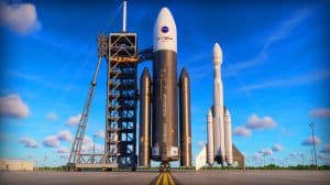 Illustration of the X-37B spaceplane preparing for launch on a SpaceX Falcon 9 rocket.