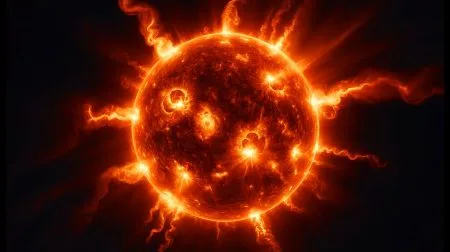 Illustration of the sun exhibiting increased solar activity as observed by NASA's Solar Dynamics Observatory.