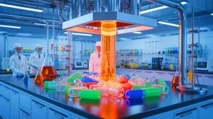 Illustration of a catalyst converting single-use plastics into fuels and waxes.