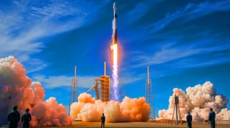 Illustration of a SpaceX Falcon 9 rocket launching with 21 data-relay satellites for the U.S. military's Space Development Agency.