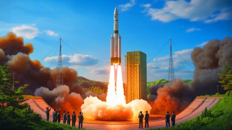 “They’re Building ICBMs With Carbon Fiber”: North Korea Tests 443,000-Pound Thrust Engine While America Races To Compete Illustration of North Korea's test of a powerful solid-fuel rocket engine.
