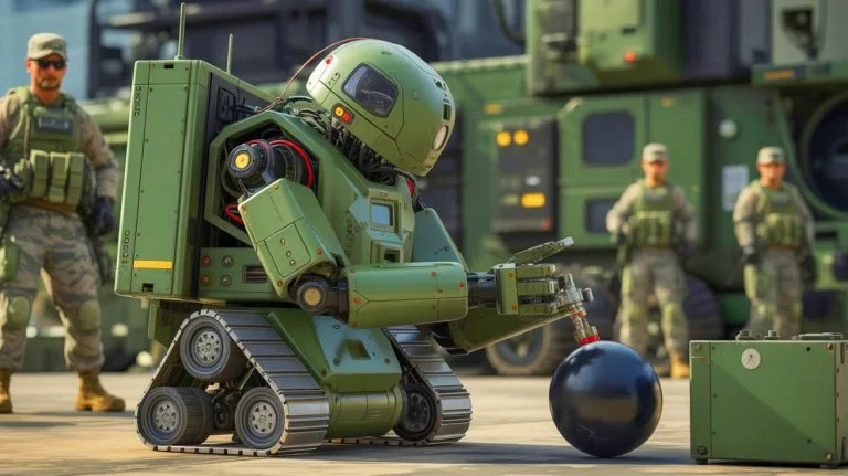 Illustration of a U.S. Air Force robot designed to enhance depth perception for explosive ordnance disposal.