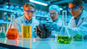 Illustration of Biophelion's innovative process using a yeast-like fungus to transform industrial waste into sustainable materials.