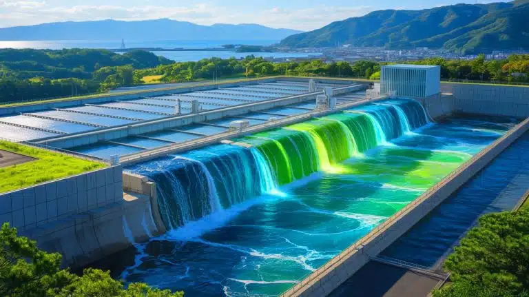 Illustration of the innovative facility in Fukuoka, Japan, harnessing osmotic energy from the mixing of fresh and salt water.