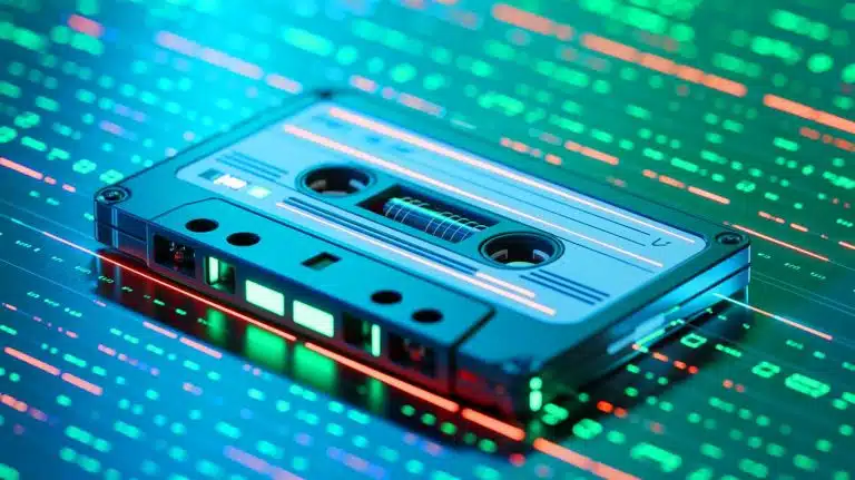 Illustration of DNA cassette tape technology addressing the global data storage crisis.