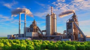 Illustration of the innovative use of steel waste in cement production to reduce carbon emissions.