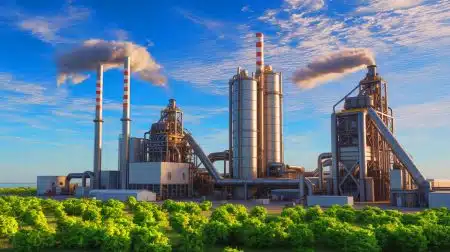 Illustration of the innovative use of steel waste in cement production to reduce carbon emissions.