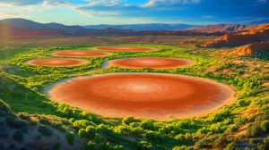 Illustration of fairy circles as potential markers of underground hydrogen reserves.