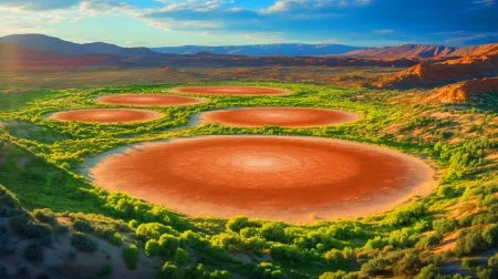 Illustration of fairy circles as potential markers of underground hydrogen reserves.