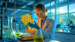 Illustration of scientists developing a novel molecule for artificial photosynthesis to store solar energy.