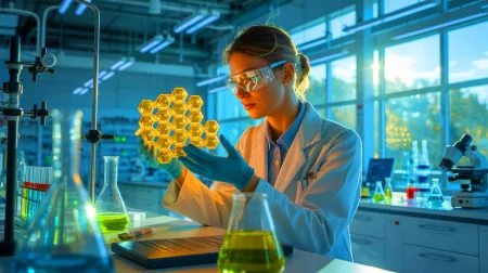 Illustration of scientists developing a novel molecule for artificial photosynthesis to store solar energy.