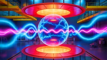 Illustration of the ITER project's central solenoid, a magnet powerful enough to levitate an aircraft carrier, highlighting international collaboration in nuclear fusion.