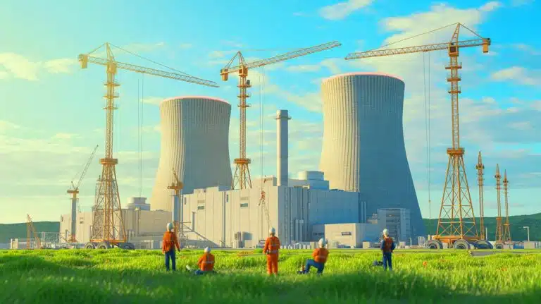 Illustration of the push for nuclear energy revival in the United States amidst regulatory and economic challenges.