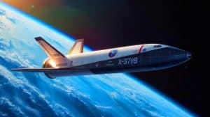 Illustration of the X-37B space plane embarking on its mission to test quantum navigation technology.