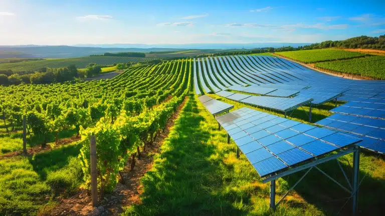 Illustration of solar panels integrated into a vineyard in Puglia, Italy, enhancing wine production through agrivoltaics.