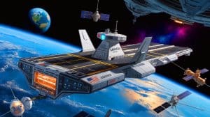 Illustration of the orbital aircraft carrier being developed by Gravitics and the U.S. Space Force to enhance satellite deployment.