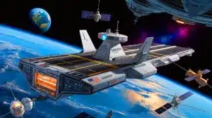 Illustration of the orbital aircraft carrier being developed by Gravitics and the U.S. Space Force to enhance satellite deployment.