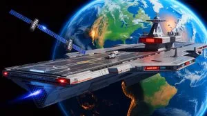 Illustration of the U.S. Space Force and Gravitics' orbital aircraft carrier for satellite deployment.