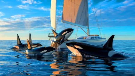 Illustration of orcas interacting with sailboats off the Spanish coast.
