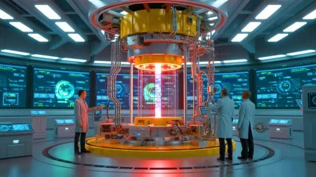 Illustration of nuclear fusion reactors under development with investments from major technology companies.