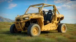 Illustration of the Polaris MRZR Alpha vehicle with enhanced power systems and increased payload capacity undergoing testing.