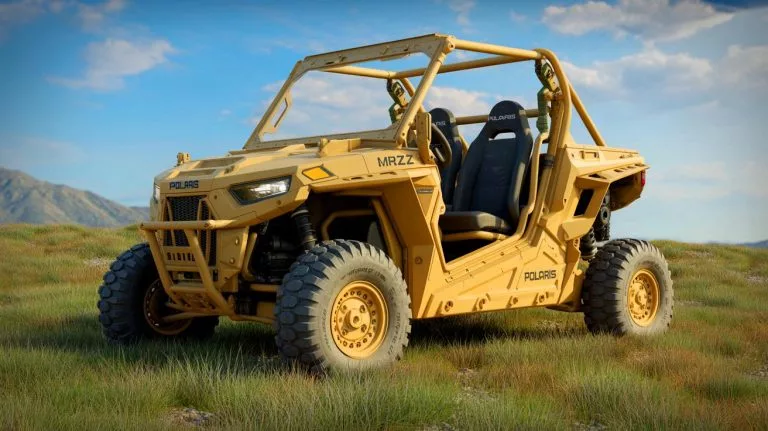 Illustration of the Polaris MRZR Alpha vehicle with enhanced power systems and increased payload capacity undergoing testing.