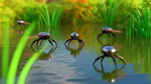 “Scientists Built Water-Walking Robots”: University Team Creates Insect-Inspired Machines While Polymer Technology Revolution Changes Disaster Response Forever Illustration of tiny water-walking robots developed using the HydroSpread technique at the University of Virginia.