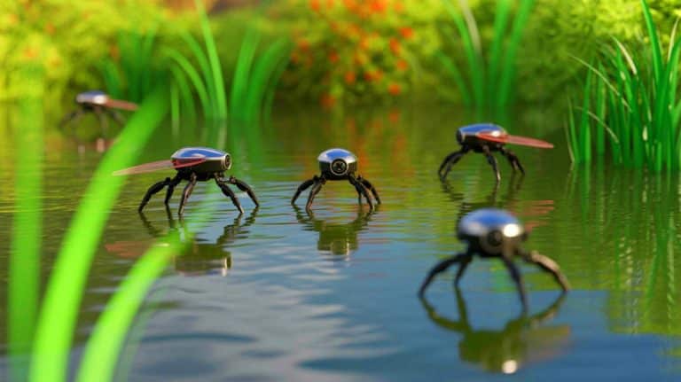 Illustration of tiny water-walking robots developed using the HydroSpread technique at the University of Virginia.