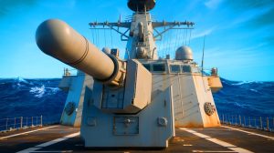 This Autonomous Defense System Destroys Anti-Ship Missiles and Drones Within Seconds Using Vulcan Gatling Gun Technology Illustration of the MK 15 Phalanx Close-In Weapon System on a U.S. Navy warship.