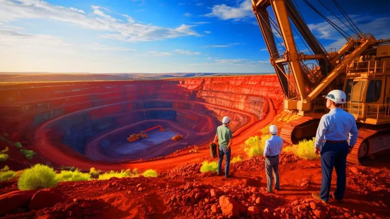 Illustration of geologists discovering a massive iron ore deposit in Western Australia's Pilbara region.