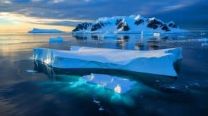 Illustration of Antarctica undergoing rapid environmental changes with melting ice and shrinking sea ice.